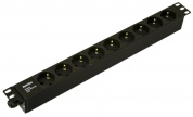 Hyperline SHE19-9SH-CB Блок розеток для 19 шкафов, горизонтальный, 9 розеток Schuko, без кабеля питания, клеммная колодка 16A, 250В, 482.6x44.4x44.4мм (ШхГхВ), корпус алюминий, черный