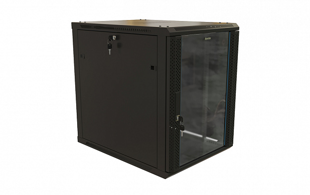 Hyperline TWB-1268-GP-RAL9004 Шкаф настенный 19-дюймовый (19), 12U, 650x600х800мм, стеклянная дверь с перфорацией по бокам, ручка с замком, цвет черный (RAL 9004) (разобранный)