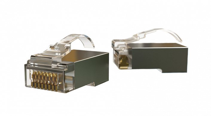 Hyperline PLEZ-8P8C-UA-C6-SH-100 Разъем легкой оконцовки RJ-45 (8P8C) под витую пару, язычок Arch, категория 6 (50 µ/ 50 микродюймов), экранированный, универсальный (для одножильного и многожильного кабеля) (100 шт.)