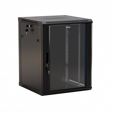 Hyperline TWB-0945-GP-RAL9004 Шкаф настенный 19-дюймовый (19), 9U, 500x600х450мм, стеклянная дверь с перфорацией по бокам, ручка с замком, цвет черный (RAL 9004) (разобранный)