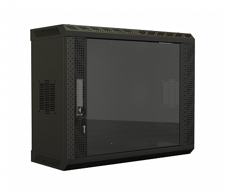 Hyperline TWS-1225-GP-RAL9004 Шкаф настенный 19-дюймовый (19), 12U, 650х600х250, со стеклянной дверью, несъемные боковые панели, цвет черный (RAL 9004) (собранный)