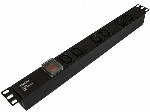 Hyperline SHE19-6IEC-S-IEC Блок розеток для 19 шкафов, горизонтальный, 6 розеток IEC320 C13, выключатель с подсветкой, без кабеля питания, входной разъем IEC320 C14 10A, 250В, 482.6x44.4x44.4мм (ШхГхВ), корпус алюминий, черный