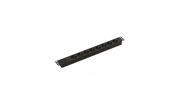 Hyperline SHE19-8SH-M-AIEC Блок розеток для 19 шкафов, горизонтальный, 8 розеток Schuko, автоматический выключатель (термоавтомат), без кабеля питания, входной разъем IEC320 C20 16A, 250В, 482.6x44.4x44.4мм (ШхГхВ), корпус алюминий, черный