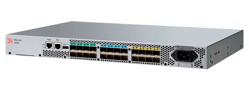 Brocade G610 24P switch w/back-to-front airflow(24x16 Gbps SWL SFP+), 24-port licensed, 24x32Gb SWL SFP+ transceivers,Enterprise license pack, rails