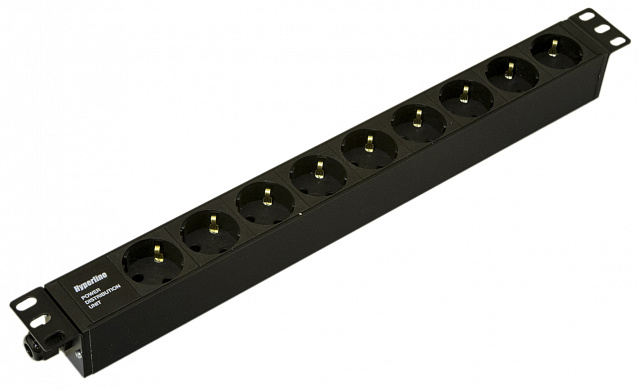Hyperline SHE19-9SH-CB Блок розеток для 19 шкафов, горизонтальный, 9 розеток Schuko, без кабеля питания, клеммная колодка 16A, 250В, 482.6x44.4x44.4мм (ШхГхВ), корпус алюминий, черный